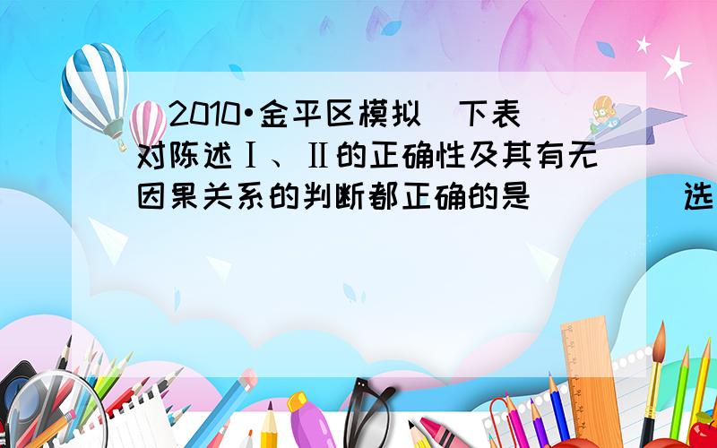 （2010•金平区模拟）下表对陈述Ⅰ、Ⅱ的正确性及其有无因果关系的判断都正确的是（　　） 选项 陈述I 陈述Ⅱ 判断 A