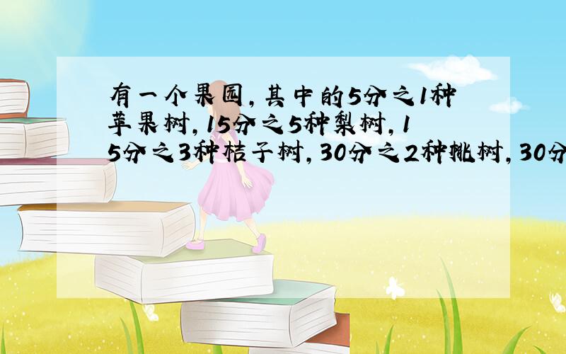 有一个果园,其中的5分之1种苹果树,15分之5种梨树,15分之3种桔子树,30分之2种桃树,30分之6种香蕉树.哪些水果