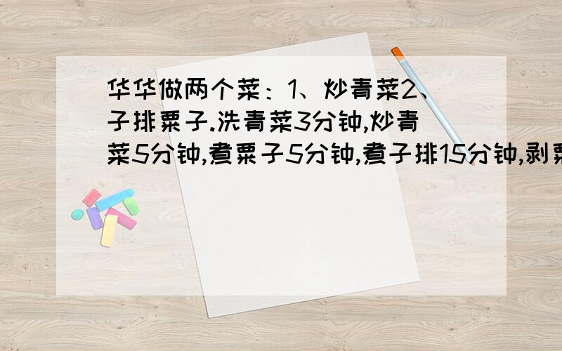 华华做两个菜：1、炒青菜2、子排粟子.洗青菜3分钟,炒青菜5分钟,煮粟子5分钟,煮子排15分钟,剥粟子10分钟,炒子排、