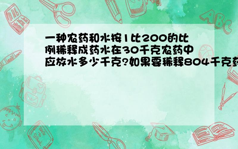 一种农药和水按1比200的比例稀释成药水在30千克农药中应放水多少千克?如果要稀释804千克药水需要农药多少千克?