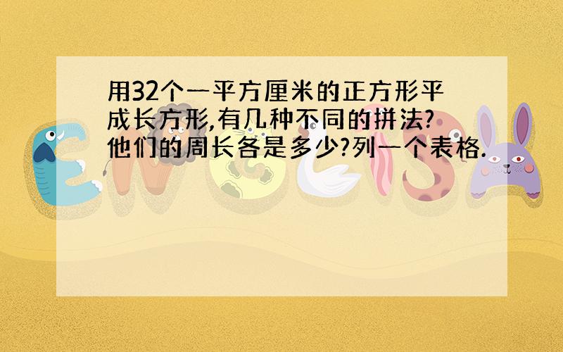 用32个一平方厘米的正方形平成长方形,有几种不同的拼法?他们的周长各是多少?列一个表格.