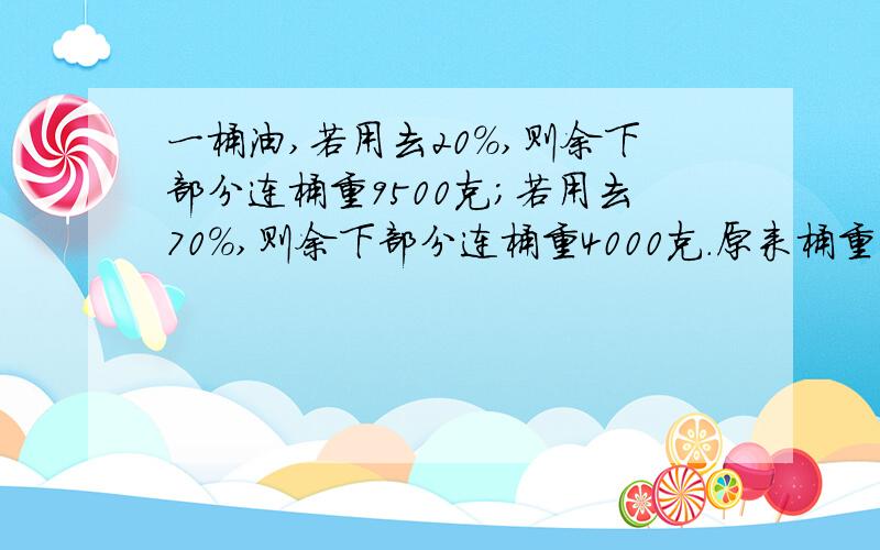 一桶油,若用去20%,则余下部分连桶重9500克；若用去70%,则余下部分连桶重4000克.原来桶重多少千克,油重多少千