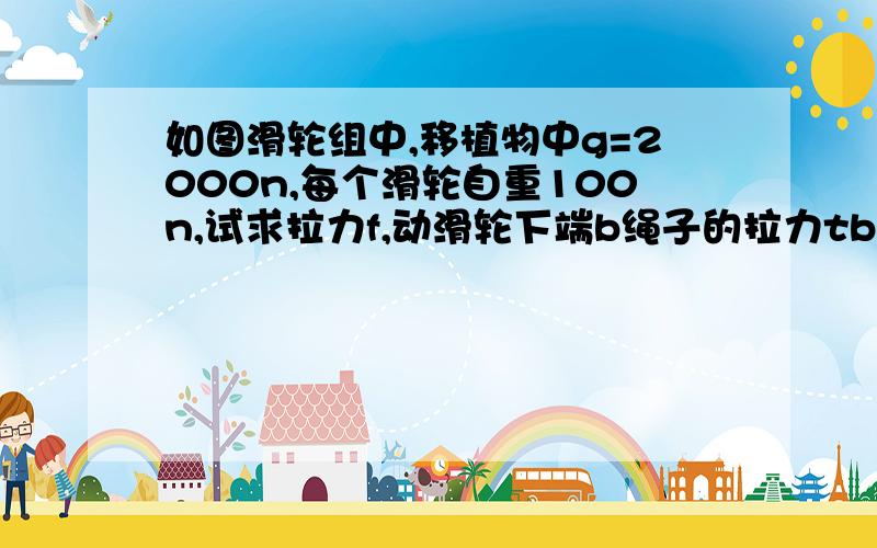 如图滑轮组中,移植物中g=2000n,每个滑轮自重100n,试求拉力f,动滑轮下端b绳子的拉力tb,定滑轮上端a绳的拉力