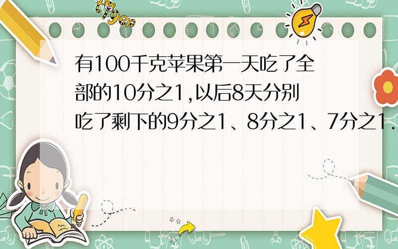 有100千克苹果第一天吃了全部的10分之1,以后8天分别吃了剩下的9分之1、8分之1、7分之1.3分之1、2分之1.吃了