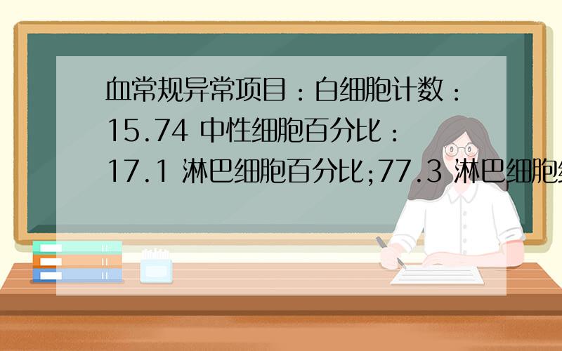 血常规异常项目：白细胞计数：15.74 中性细胞百分比：17.1 淋巴细胞百分比;77.3 淋巴细胞绝对值：12.16