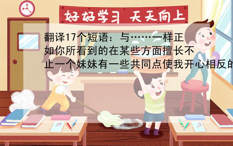 翻译17个短语：与……一样正如你所看到的在某些方面擅长不止一个妹妹有一些共同点使我开心相反的观点英语学习中心看起来不同打