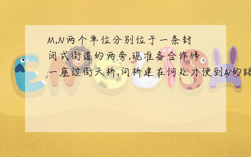 M,N两个单位分别位于一条封闭式街道的两旁,现准备合作修一座过街天桥,问桥建在何处才使到N的路线最短?