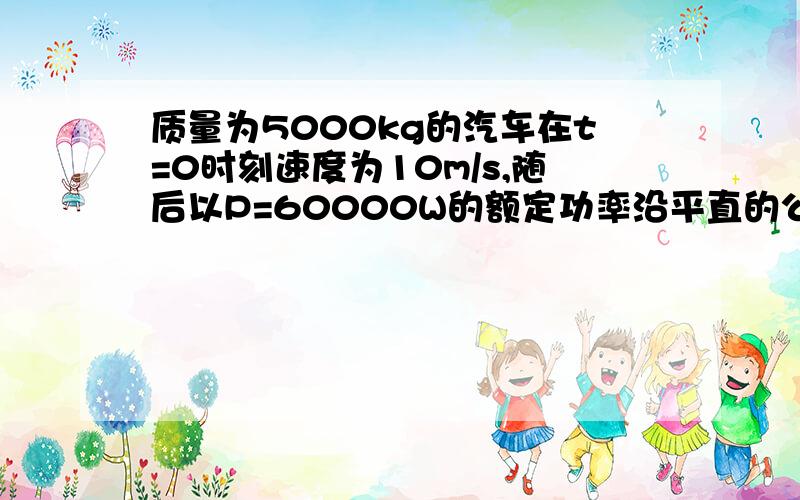 质量为5000kg的汽车在t=0时刻速度为10m/s,随后以P=60000W的额定功率沿平直的公路继续前进,经72s达到