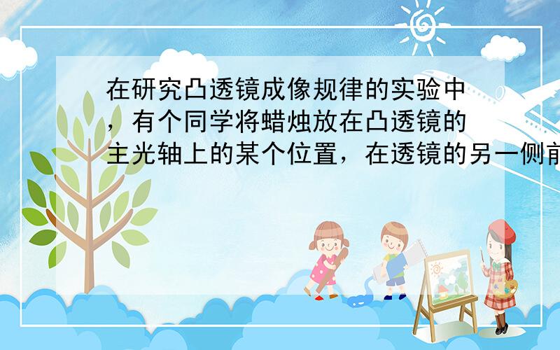 在研究凸透镜成像规律的实验中，有个同学将蜡烛放在凸透镜的主光轴上的某个位置，在透镜的另一侧前后移动光屏的位置，总是看不见