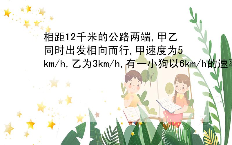 相距12千米的公路两端,甲乙同时出发相向而行,甲速度为5km/h,乙为3km/h,有一小狗以6km/h的速率,在甲乙出发