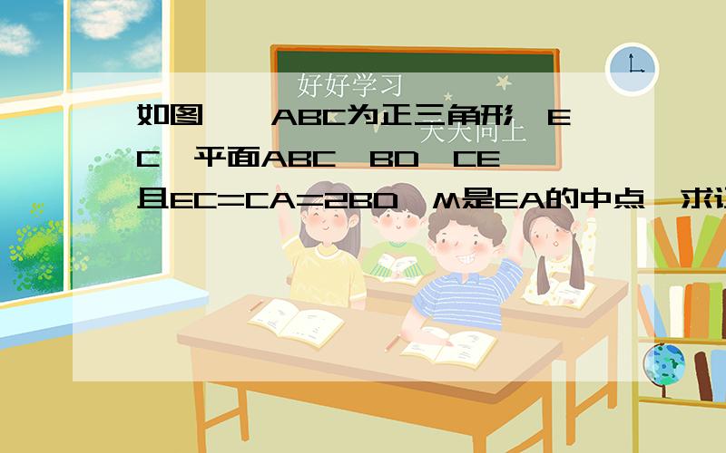 如图,△ABC为正三角形,EC⊥平面ABC,BD∥CE,且EC=CA=2BD,M是EA的中点,求证