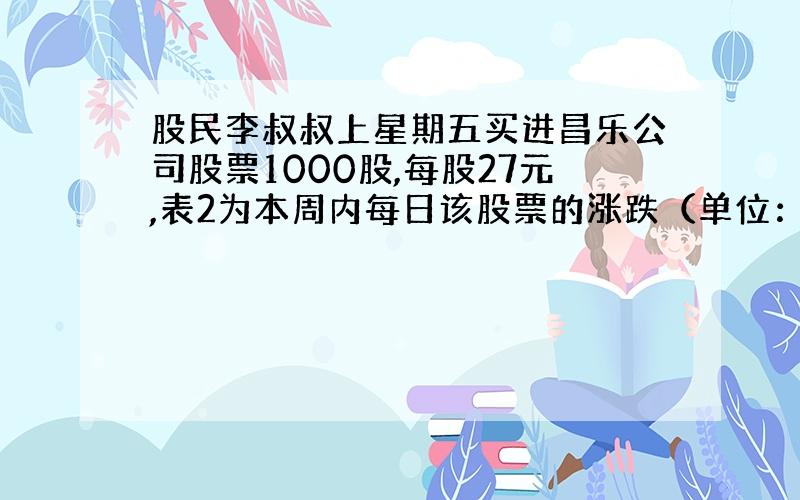 股民李叔叔上星期五买进昌乐公司股票1000股,每股27元,表2为本周内每日该股票的涨跌（单位：元）情况.