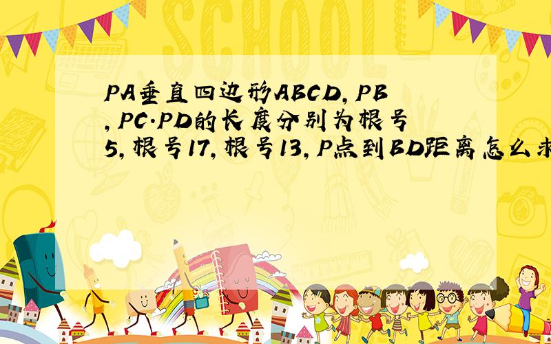 PA垂直四边形ABCD,PB,PC.PD的长度分别为根号5,根号17,根号13,P点到BD距离怎么求