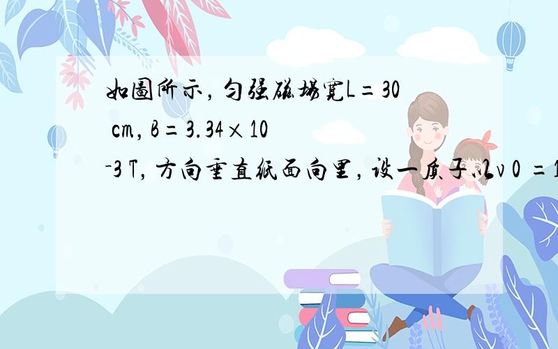 如图所示，匀强磁场宽L=30 cm，B=3.34×10 －3 T，方向垂直纸面向里，设一质子以v 0 =1.6×10 5