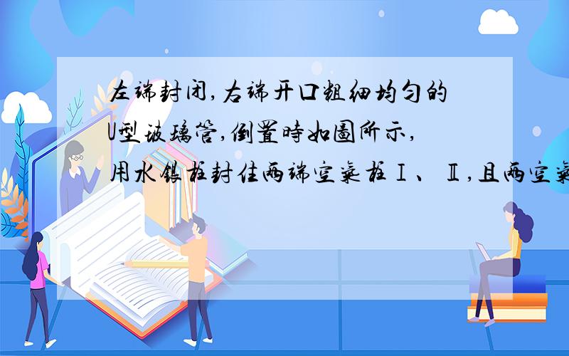 左端封闭,右端开口粗细均匀的U型玻璃管,倒置时如图所示,用水银柱封住两端空气柱Ⅰ、Ⅱ,且两空气柱长度与它们之间的水银柱长