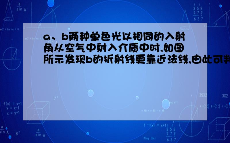 a、b两种单色光以相同的入射角从空气中射入介质中时,如图所示发现b的折射线更靠近法线,由此可判定  