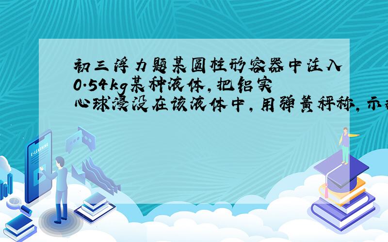初三浮力题某圆柱形容器中注入0.54kg某种液体,把铝实心球浸没在该液体中,用弹簧秤称,示数为2.7N,若铝球沉入容器底