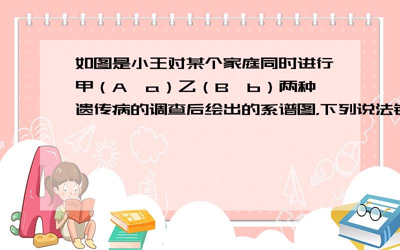 如图是小王对某个家庭同时进行甲（A、a）乙（B、b）两种遗传病的调查后绘出的系谱图，下列说法错误的是（　　） 