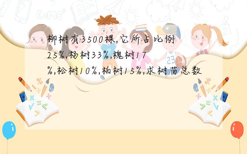 柳树有3500棵,它所占比例25%,杨树33%,槐树17%,松树10%,柏树15%,求树苗总数