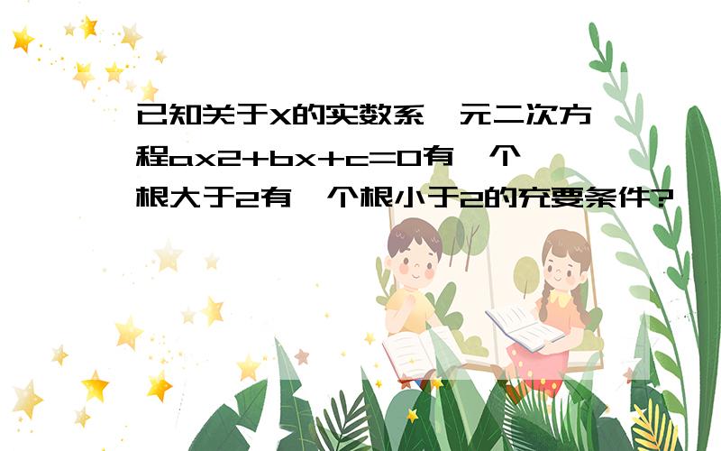 已知关于X的实数系一元二次方程ax2+bx+c=0有一个根大于2有一个根小于2的充要条件?