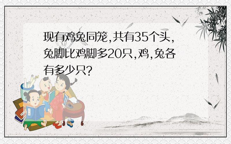 现有鸡兔同笼,共有35个头,兔脚比鸡脚多20只,鸡,兔各有多少只?