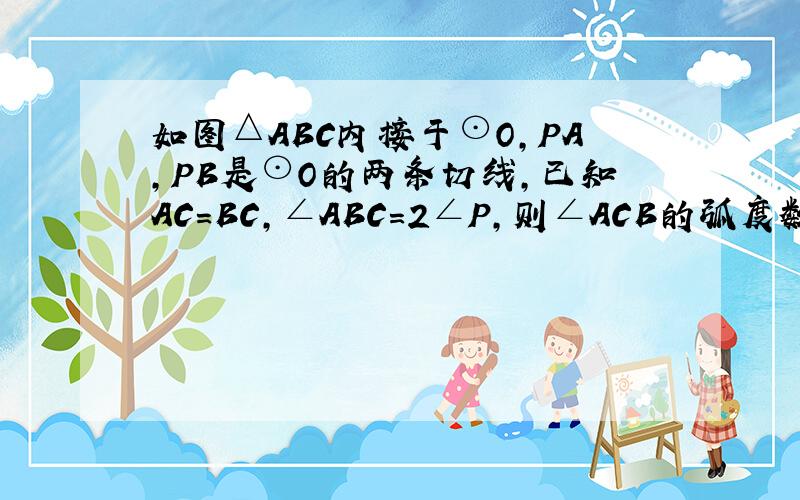 如图△ABC内接于⊙O，PA，PB是⊙O的两条切线，已知AC=BC，∠ABC=2∠P，则∠ACB的弧度数为（　　）