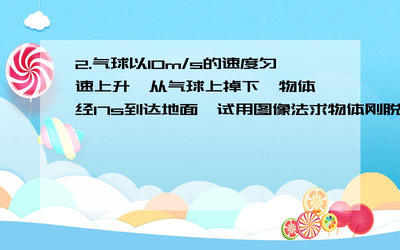 2.气球以10m/s的速度匀速上升,从气球上掉下一物体,经17s到达地面,试用图像法求物体刚脱离气球时气球的高度(g=1