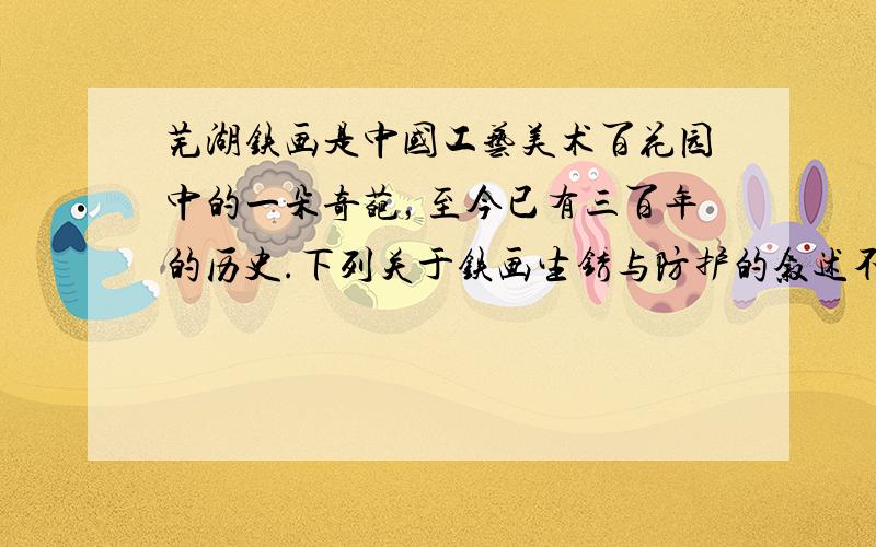 芜湖铁画是中国工艺美术百花园中的一朵奇葩，至今已有三百年的历史.下列关于铁画生锈与防护的叙述不正确的是（　　）