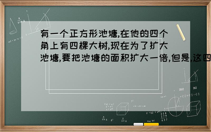 有一个正方形池塘,在他的四个角上有四棵大树,现在为了扩大池塘,要把池塘的面积扩大一倍,但是,这四棵