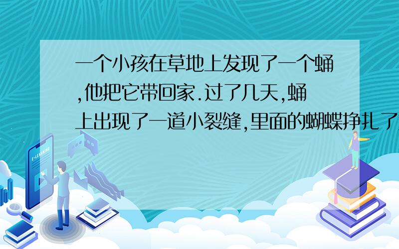 一个小孩在草地上发现了一个蛹,他把它带回家.过了几天,蛹上出现了一道小裂缝,里面的蝴蝶挣扎了好几个