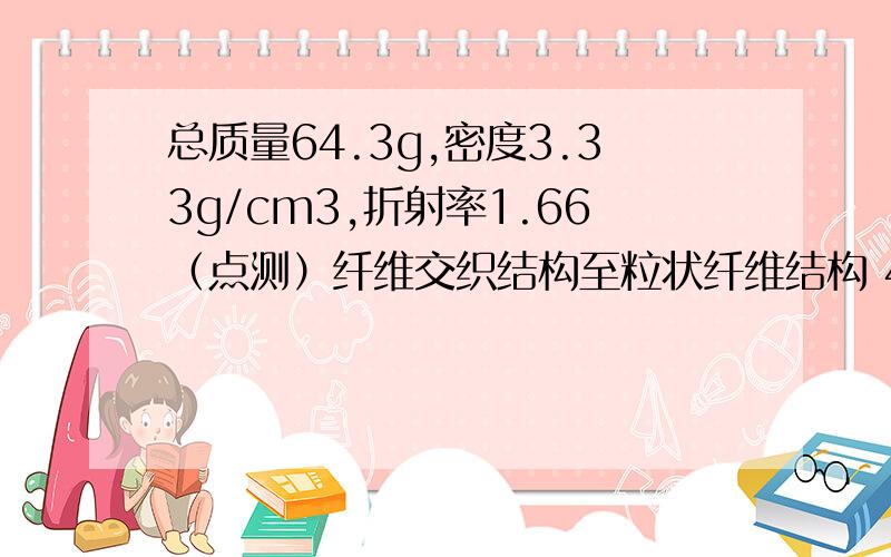 总质量64.3g,密度3.33g/cm3,折射率1.66（点测）纤维交织结构至粒状纤维结构 437