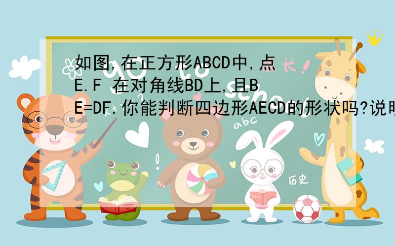 如图,在正方形ABCD中,点E.F 在对角线BD上,且BE=DF.你能判断四边形AECD的形状吗?说明理由.