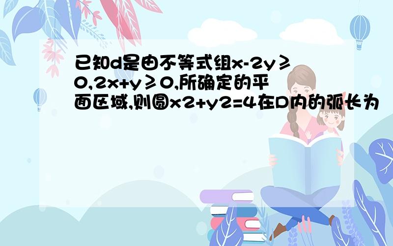 已知d是由不等式组x-2y≥0,2x+y≥0,所确定的平面区域,则圆x2+y2=4在D内的弧长为