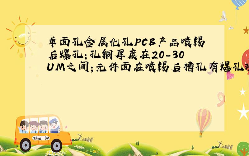 单面孔金属化孔PCB产品喷锡后爆孔；孔铜厚度在20－30UM之间；元件面在喷锡后槽孔有爆孔现象请高手谢谢