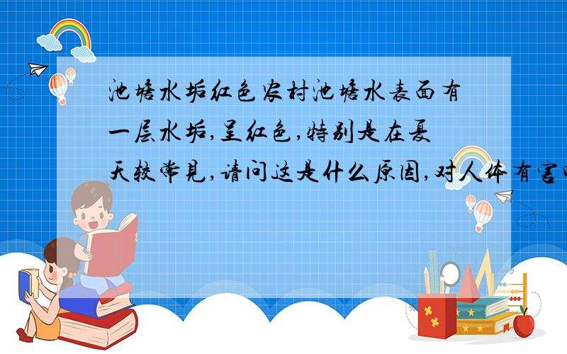 池塘水垢红色农村池塘水表面有一层水垢,呈红色,特别是在夏天较常见,请问这是什么原因,对人体有害吗?该如何处理?