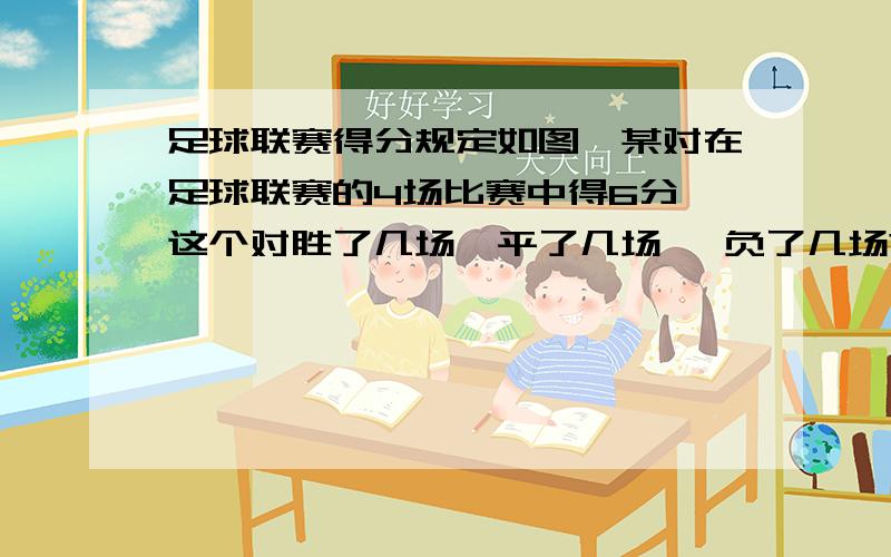 足球联赛得分规定如图,某对在足球联赛的4场比赛中得6分,这个对胜了几场、平了几场 、负了几场?