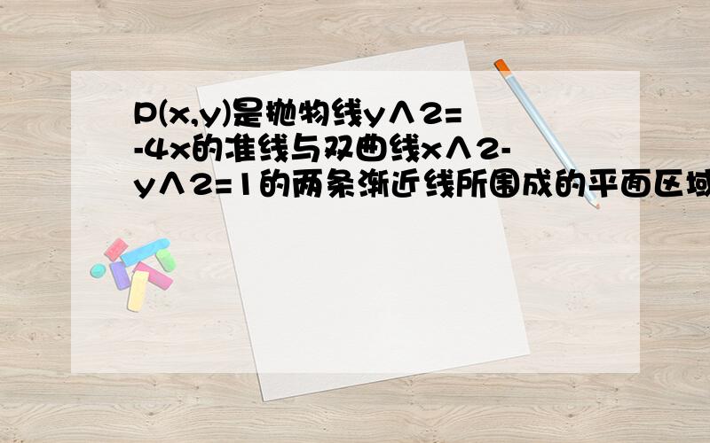 P(x,y)是抛物线y∧2=-4x的准线与双曲线x∧2-y∧2=1的两条渐近线所围成的平面区域（含边界）的任一点,.