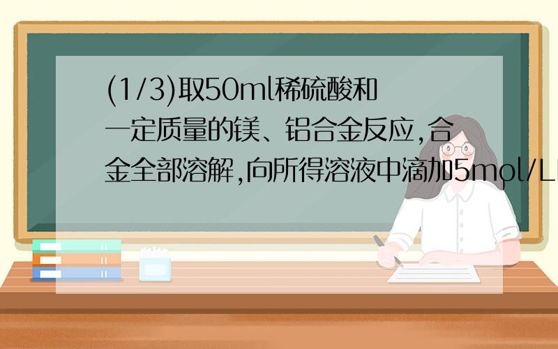 (1/3)取50ml稀硫酸和一定质量的镁、铝合金反应,合金全部溶解,向所得溶液中滴加5mol/LNaOH溶液至过量...