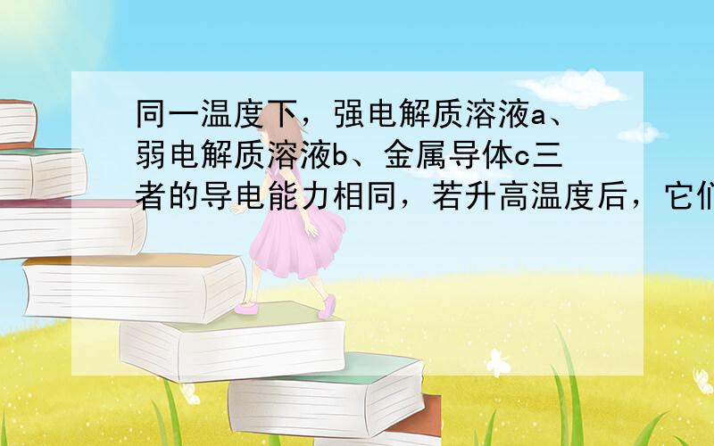 同一温度下，强电解质溶液a、弱电解质溶液b、金属导体c三者的导电能力相同，若升高温度后，它们的导电能力强弱顺序是（　　）