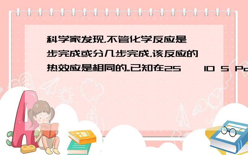 科学家发现，不管化学反应是一步完成或分几步完成，该反应的热效应是相同的。已知在25℃、10 5 Pa时，C(石墨) +