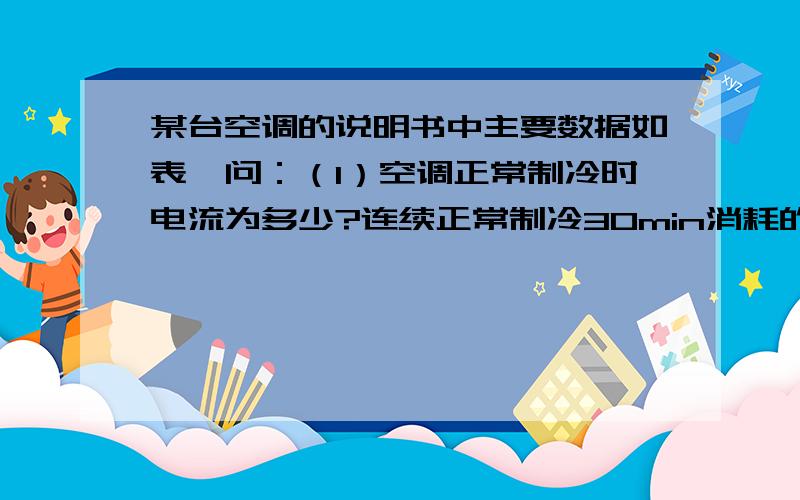 某台空调的说明书中主要数据如表,问：（1）空调正常制冷时电流为多少?连续正常制冷30min消耗的电能为多