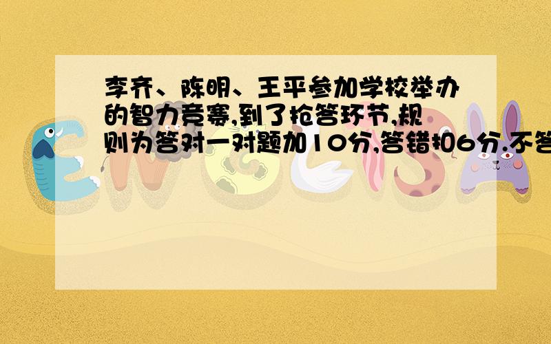 李齐、陈明、王平参加学校举办的智力竞赛,到了抢答环节,规则为答对一对题加10分,答错扣6分.不答不得