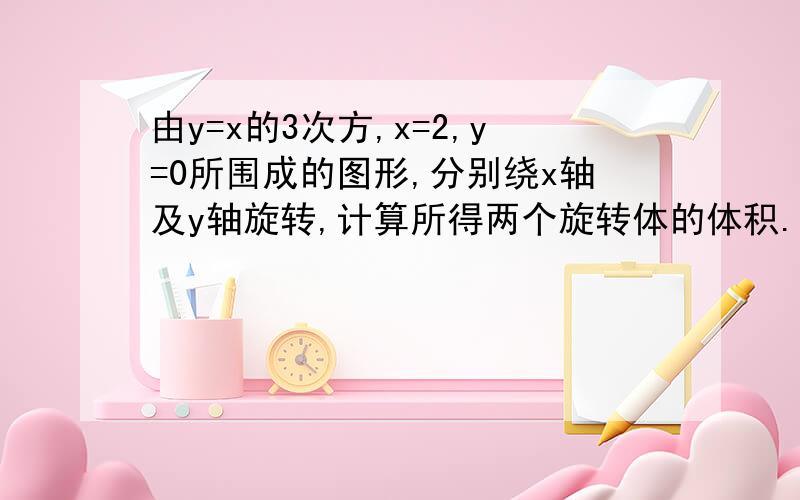 由y=x的3次方,x=2,y=0所围成的图形,分别绕x轴及y轴旋转,计算所得两个旋转体的体积.