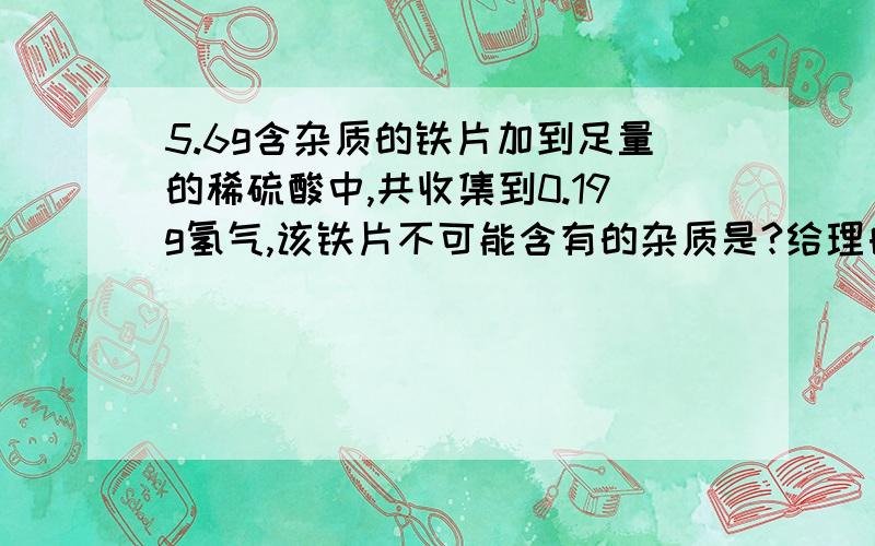 5.6g含杂质的铁片加到足量的稀硫酸中,共收集到0.19g氢气,该铁片不可能含有的杂质是?给理由