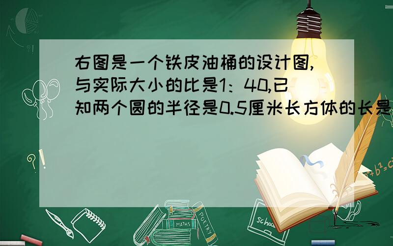 右图是一个铁皮油桶的设计图,与实际大小的比是1：40,已知两个圆的半径是0.5厘米长方体的长是3.1厘米,