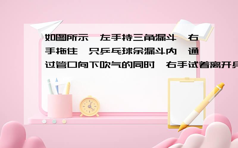 如图所示,左手持三角漏斗,右手拖住一只乒乓球余漏斗内,通过管口向下吹气的同时,右手试着离开乒乓球,你猜测可能发生的现象是