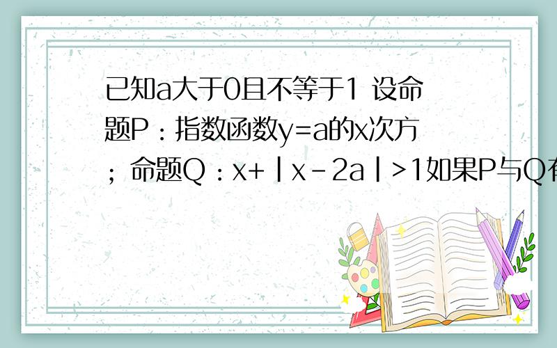 已知a大于0且不等于1 设命题P：指数函数y=a的x次方；命题Q：x+|x-2a|>1如果P与Q有且只有一个正确,求a范