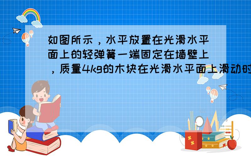 如图所示，水平放置在光滑水平面上的轻弹簧一端固定在墙壁上，质量4kg的木块在光滑水平面上滑动时碰撞并将弹簧压缩，若碰撞弹