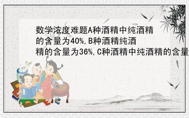 数学浓度难题A种酒精中纯酒精的含量为40%,B种酒精纯酒精的含量为36%,C种酒精中纯酒精的含量为35%.它们混合在一起