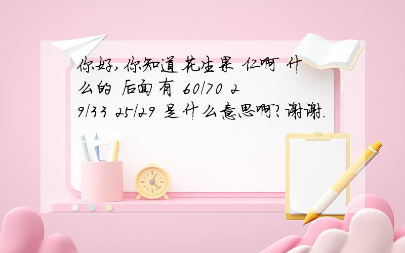 你好,你知道花生果 仁啊 什么的 后面有 60/70 29/33 25/29 是什么意思啊?谢谢.